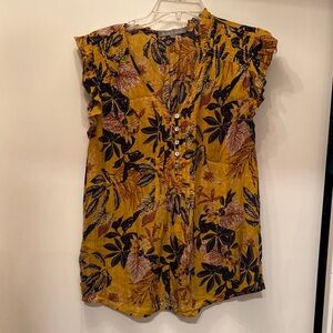 Daniel Rainn Mustard Floral Button-Front Ruffle Cap-Sleeve Top